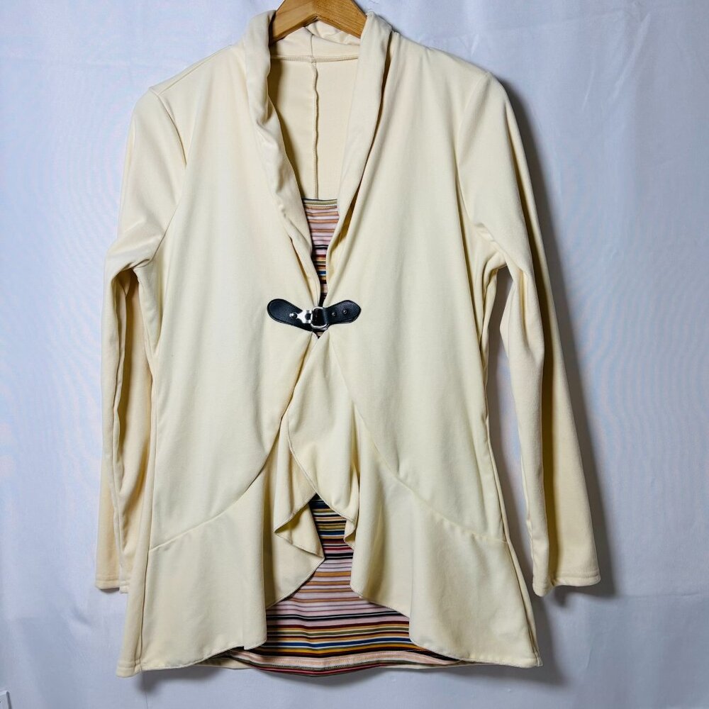 Cream Buckle Front Layered Tunic Top w/ Striped Tank Size XL - Picture 2 of 5